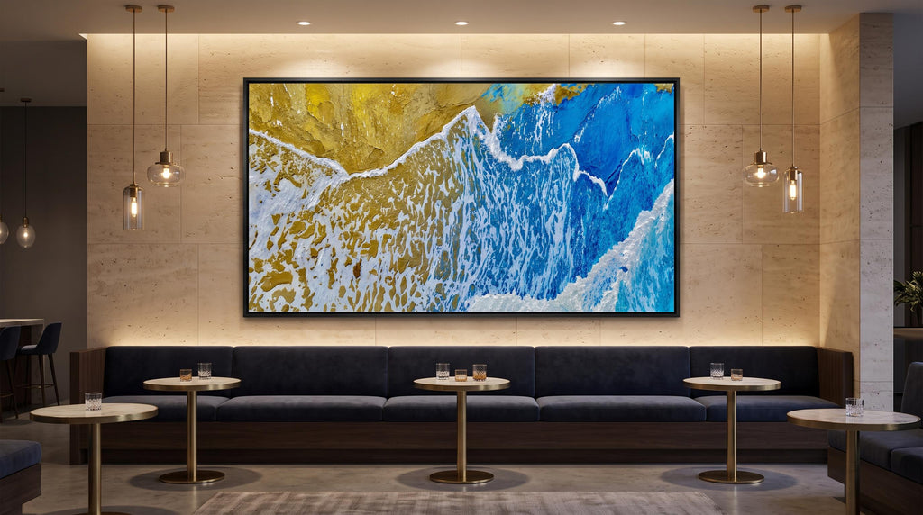 Blue Gold Abstract Ocean Wall Art – Textured Coastal Print (16:9) | Printable Digital Download