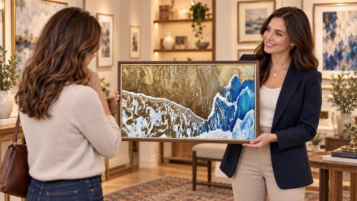 Blue Gold Abstract Ocean Wall Art – Textured Digital Print (16:9)