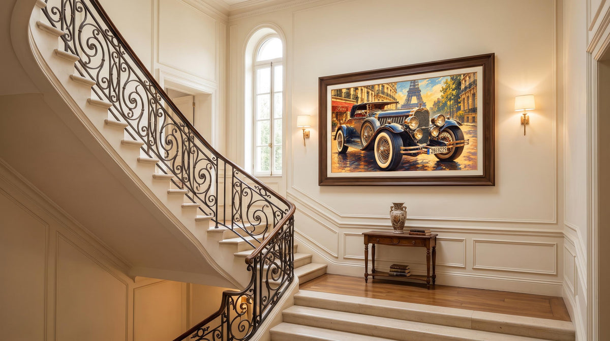 Vintage European Car Wall Art/Post-Impressionist Automobile Painting,