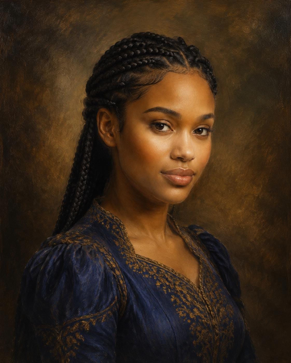 A portrait of a woman with braided hair wearing a dark blue dress with gold embroidery, set against a textured brown background.