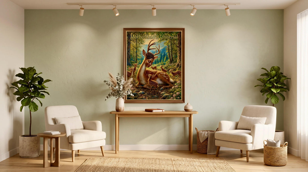 A framed forest deer painting hangs on a sage green wall in a styled living room with two cream armchairs, a wooden console table, and potted plants.