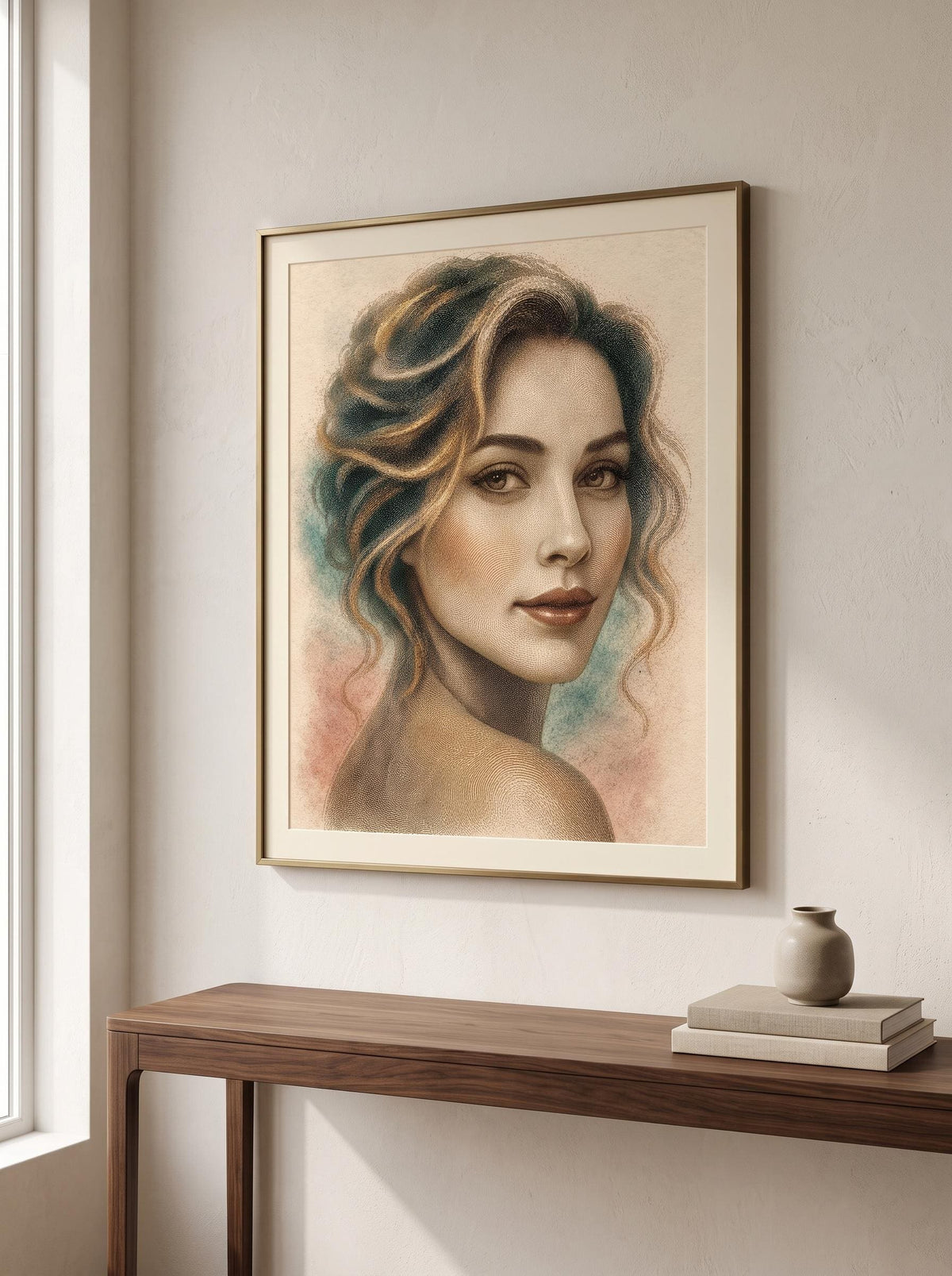 A framed portrait painting of a woman with wavy hair hangs on a light beige wall above a wooden console table with books and a small vase.