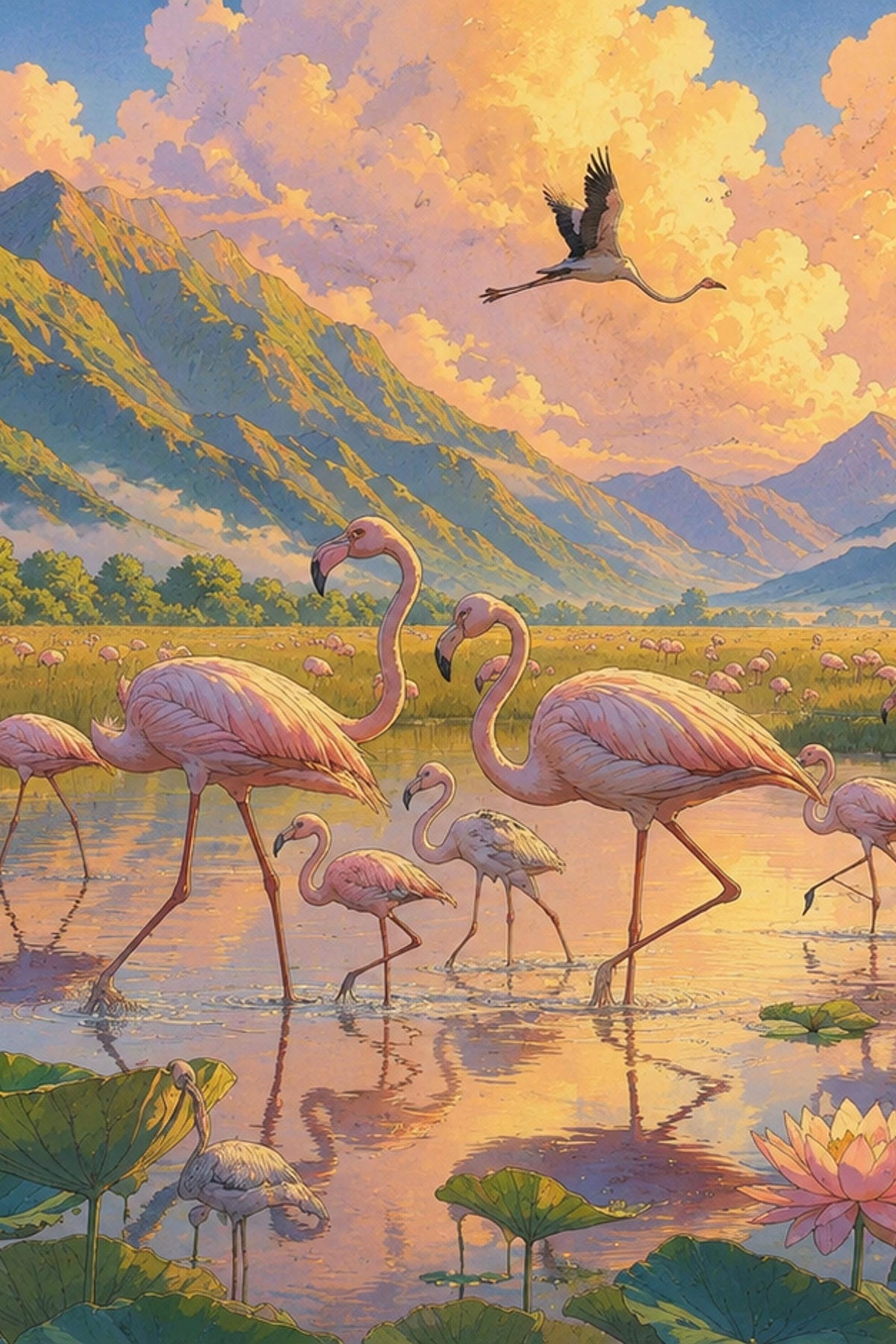 Wall Art, hand- painted Japanese  animation –Inspired, Flamingo vertical wall decor