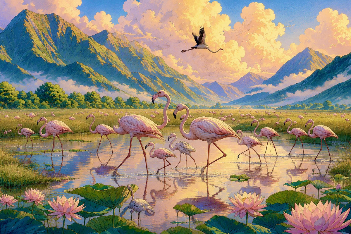 Wall Art,  Hand-Painted Japanese Animation–Inspired Flamingo Landscape