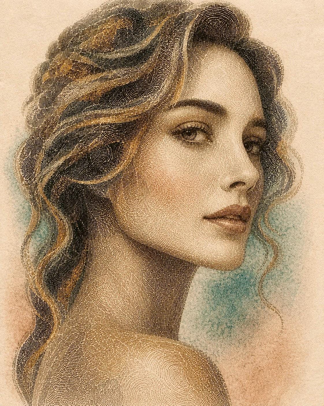 A vintage-style portrait illustration of a woman with wavy brown hair, rendered in textured pastel or crayon-like strokes on a warm beige background with soft blue and peach washes.