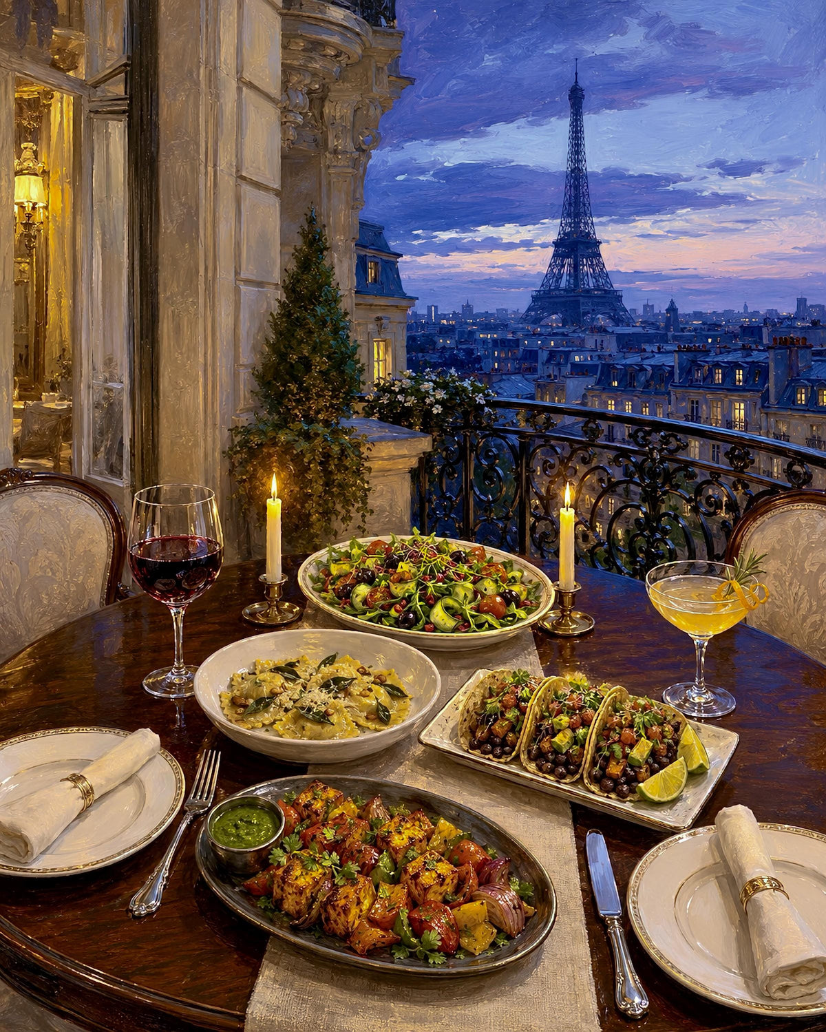 Blue Hour Paris Dinner Painting | Eiffel Tower French Cafe Wall Art (Pack of 4)
