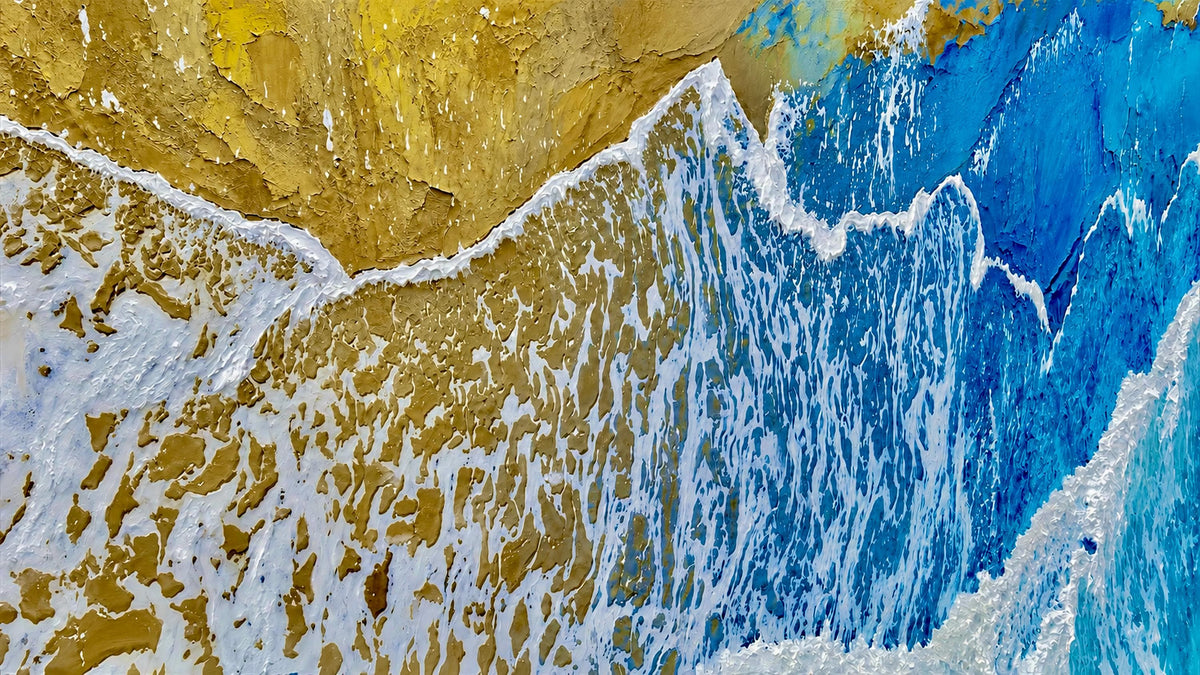 Blue Gold Abstract Ocean Wall Art – Textured Digital Print (16:9)