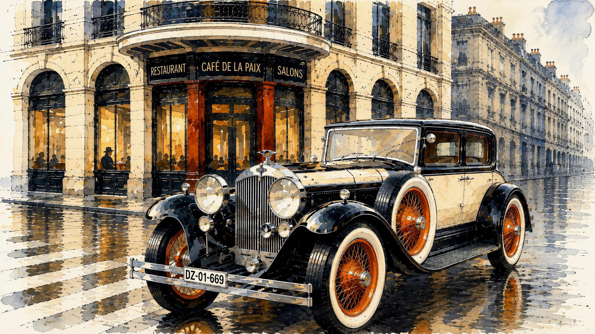 Vintage black and cream car with orange-rimmed wheels parked on a wet city street in front of a Parisian-style building with a cafe and saloon.
