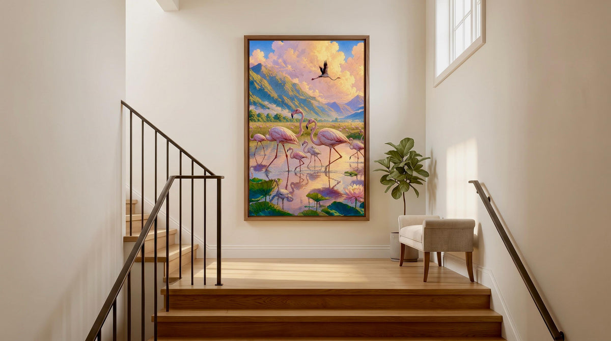 Digital Wall  Decor. Hand-Painted Japanese Animation–Inspired Flamingo Landscape Art