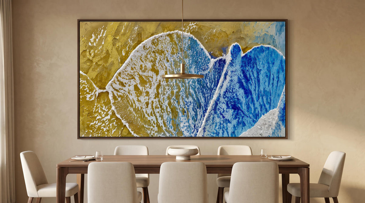 Blue Gold Abstract Ocean Wall Art – Textured Digital Print (16:9)