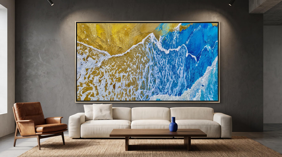 Blue Gold Abstract Ocean Wall Art – Textured Coastal Print (16:9) | Printable Digital Download