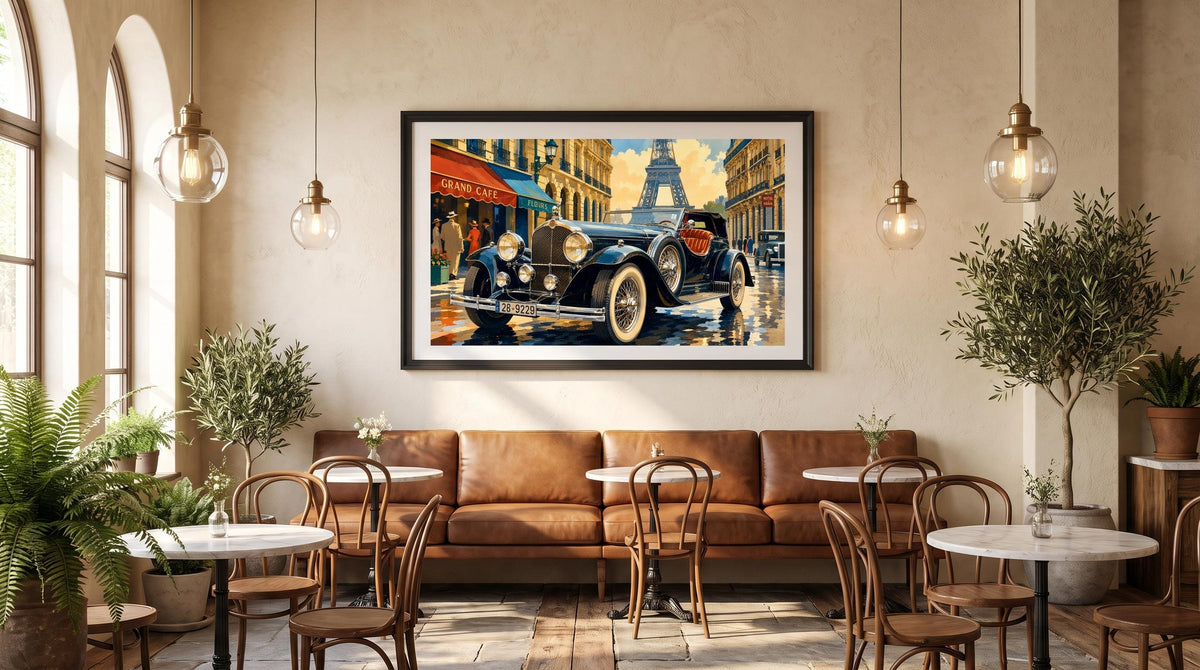Vintage European Car Wall Art/Post-Impressionist Automobile Painting,