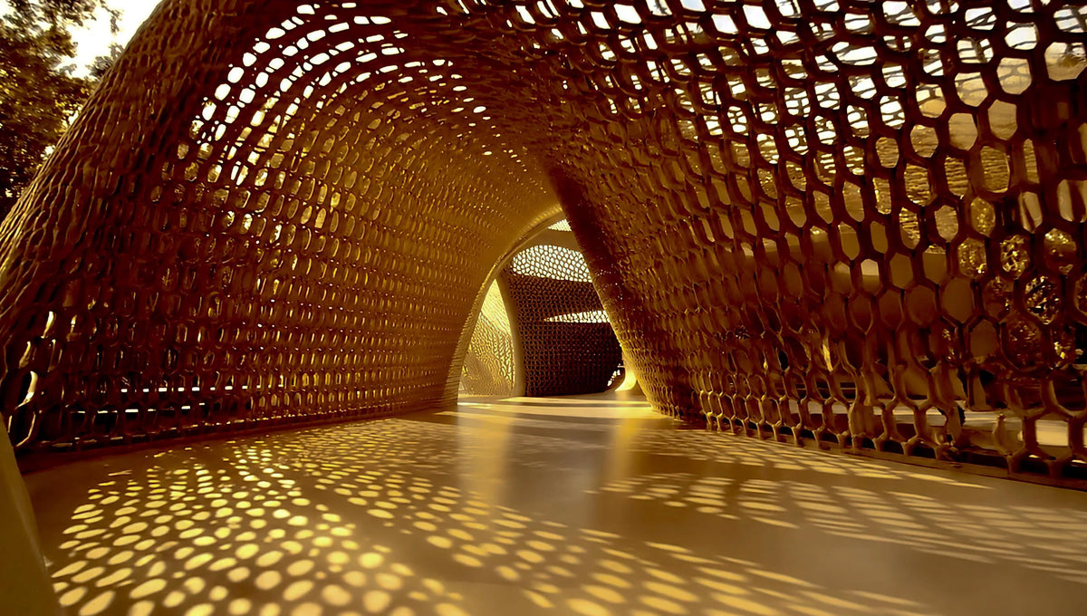 A low-angle view inside a large arched tunnel with a honeycomb lattice wall structure casting strong dappled shadows on the floor.