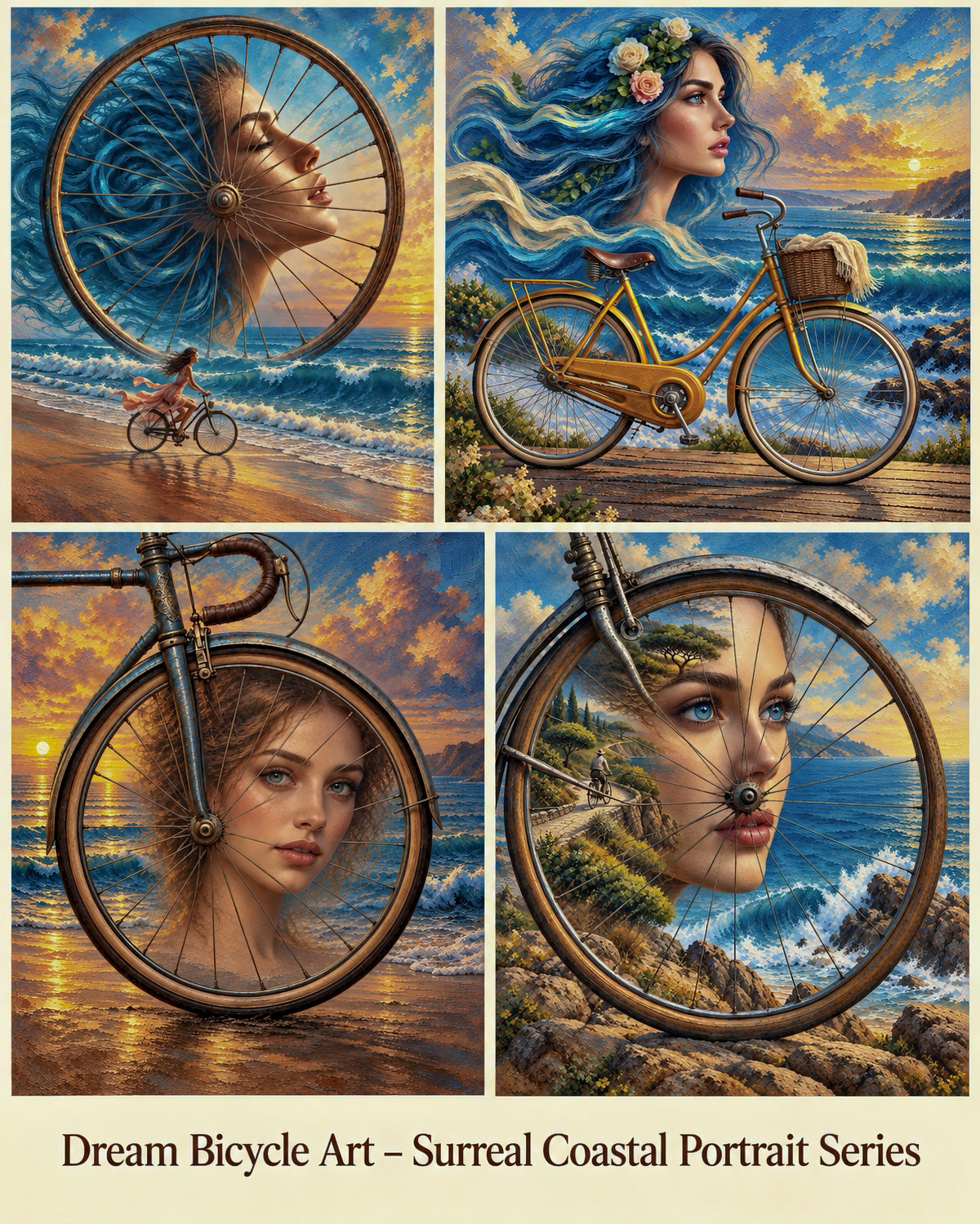 Surreal Coastal Portrait Wall Art – Beauty and Emotion Framed by Bicycle Wheels, Set of 4 Digital Downloads