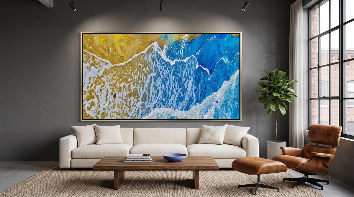 Blue Gold Abstract Ocean Wall Art – Textured Coastal Print (16:9) | Printable Digital Download