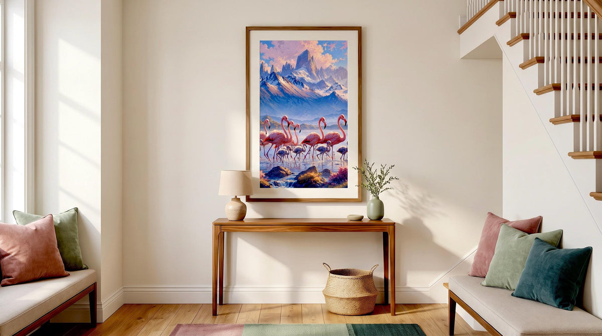 Wall Art,  Hand-Painted Japanese Animation–Inspired Flamingo Landscape