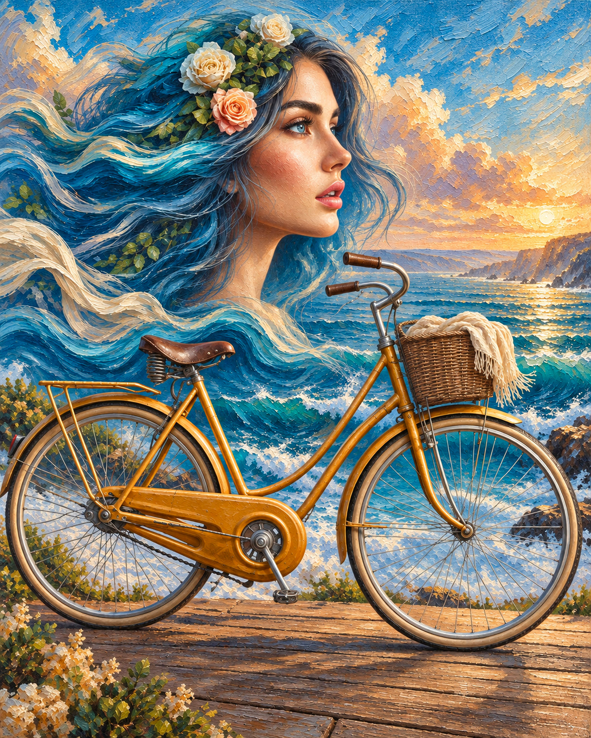 A stylized artwork showing a woman with flowing blue hair and flowers in a crown, posed beside a golden bicycle on a wooden deck with an ocean sunset background.