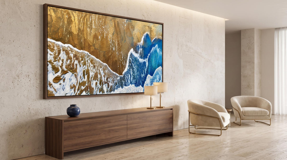 Blue Gold Abstract Ocean Wall Art – Textured Digital Print (16:9)