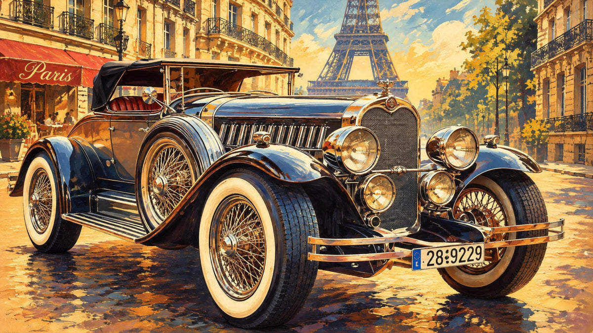 A vintage black convertible car with large round headlights and white-wall tires, parked on a Parisian street with the Eiffel Tower and Parisian buildings in the background. The scene is rendered in a warm, painterly style with golden sunlight and cobblestone reflections.