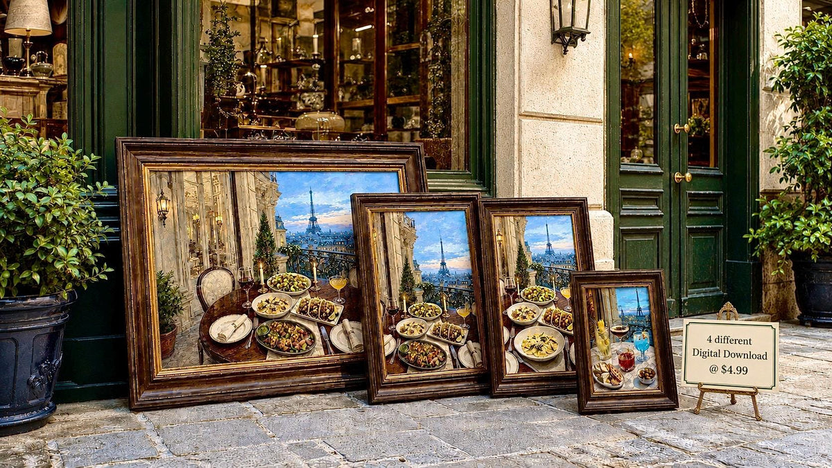Blue Hour Paris Dinner Painting | Eiffel Tower French Cafe Wall Art (Pack of 4)