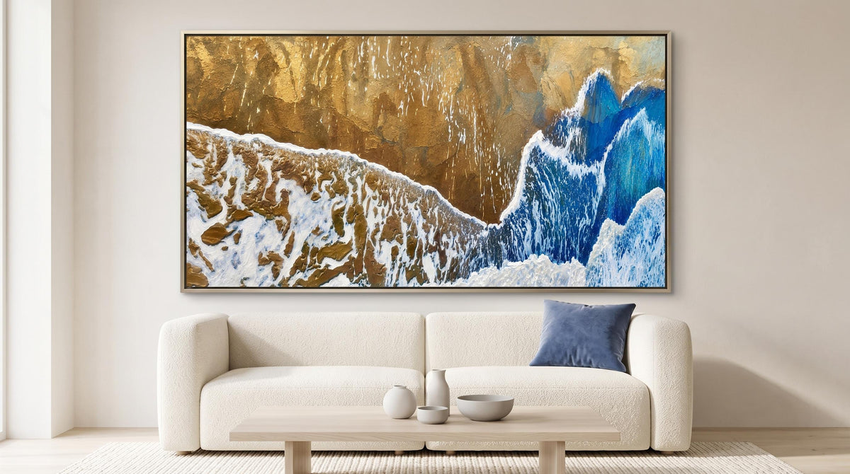 Blue Gold Abstract Ocean Wall Art – Textured Digital Print (16:9)