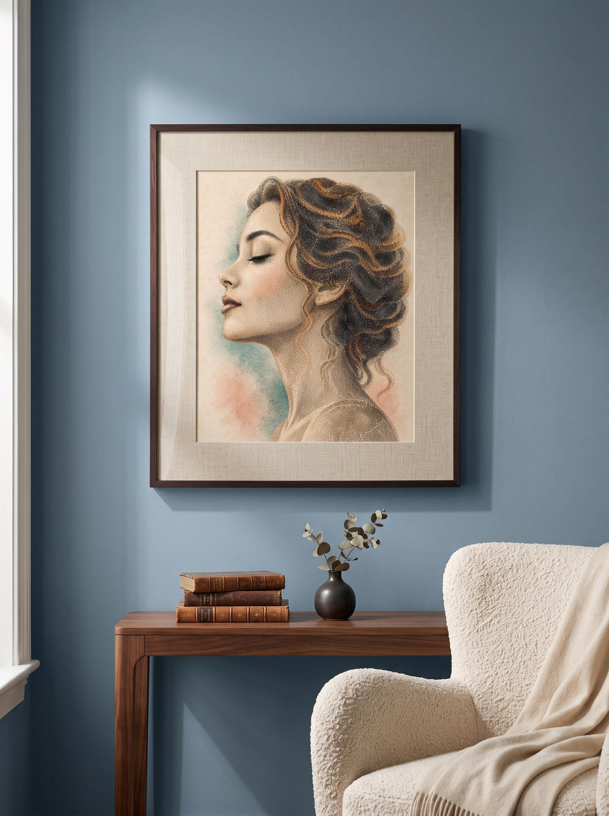 A framed art print of a woman's profile with wavy brown hair, displayed on a blue wall above a wooden console table with books and a small vase.