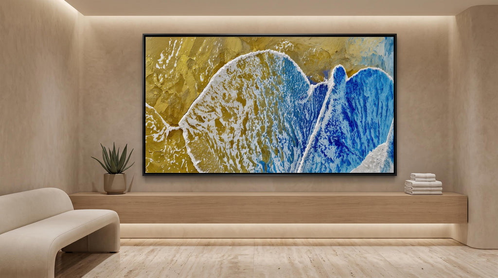 Blue Gold Abstract Ocean Wall Art – Textured Coastal Print (16:9) | Printable Digital Download