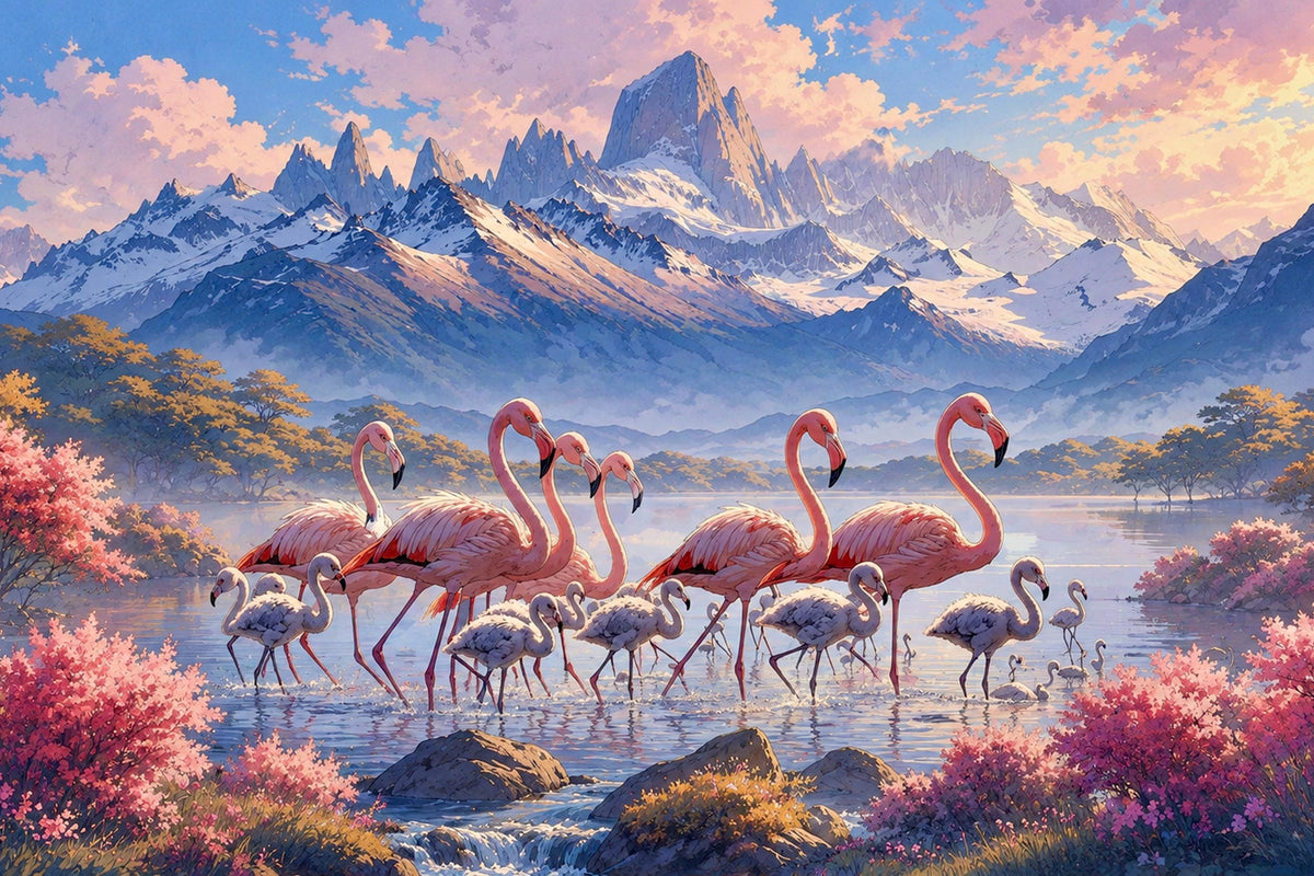 Digital Wall  Decor. Hand-Painted Japanese Animation–Inspired Flamingo Landscape Art