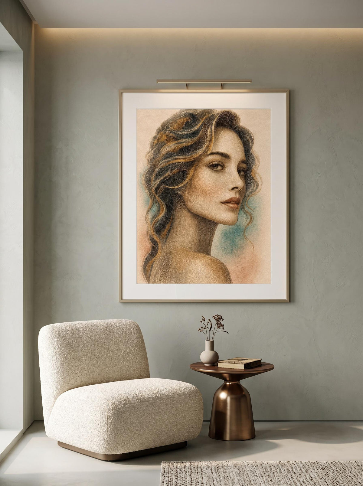 A framed portrait painting of a woman with wavy brown hair hangs on a gray wall in a modern living room setting, with a cream armchair and a small side table below.