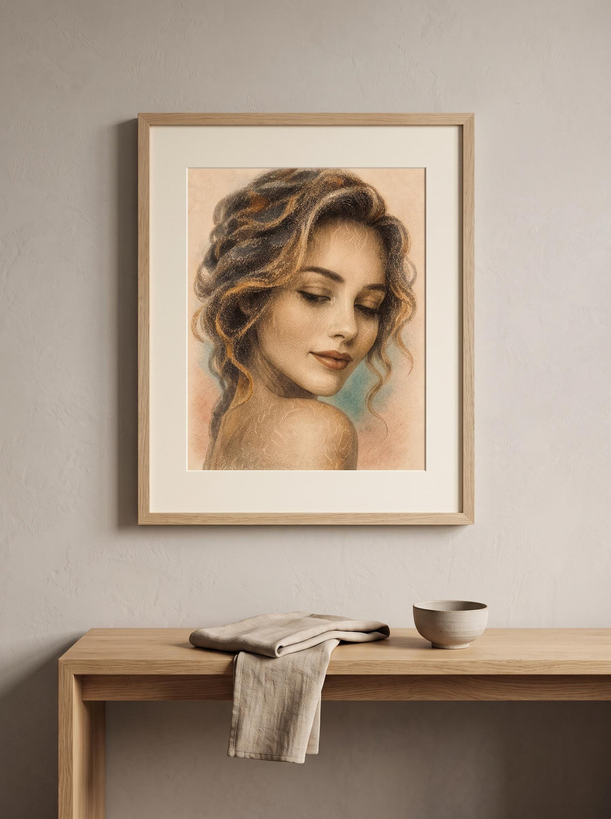 Framed portrait art print hanging on a light gray wall above a wooden console table with a folded cloth and a small bowl. The artwork shows a woman with wavy brown hair in a soft pastel sketch style.