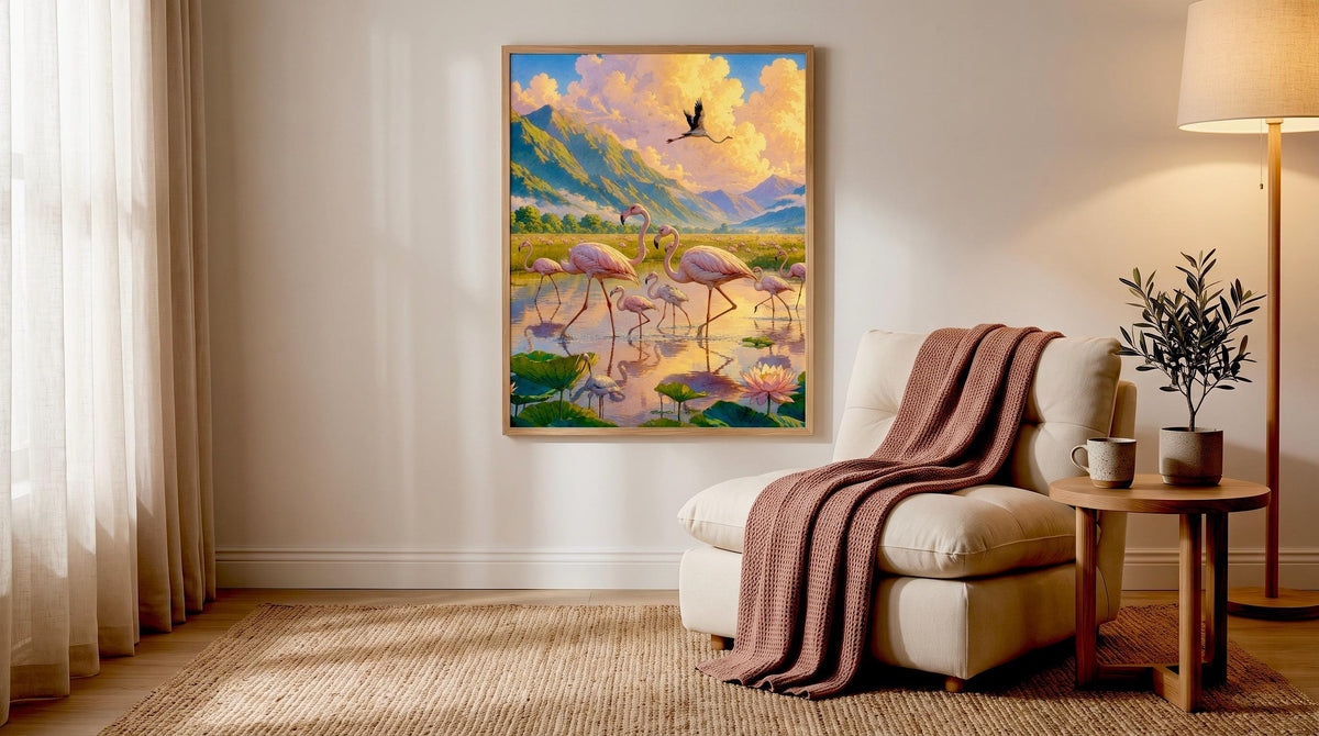Wall Art,  Hand-Painted Japanese Animation–Inspired Flamingo Landscape