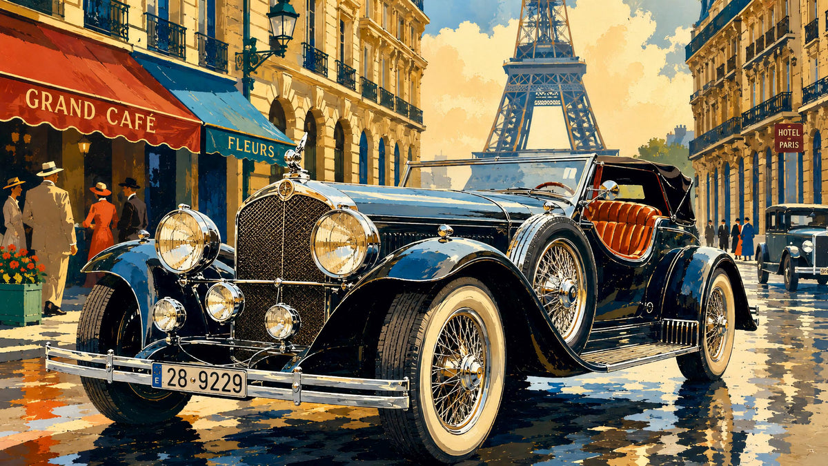 Vintage European Car Wall Art/Post-Impressionist Automobile Painting,