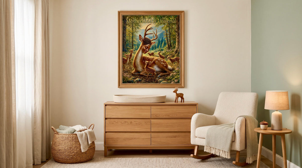 A framed art print featuring a deer in a forest with the text 'Memento Mori Universalis' displayed on a wall in a styled nursery or living room setting.