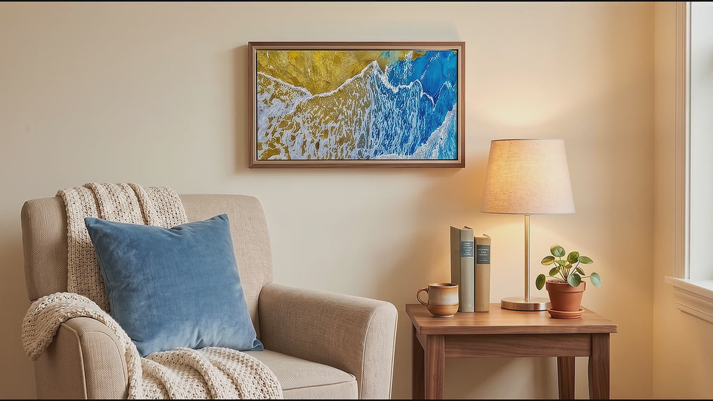 Blue Gold Abstract Ocean Wall Art – Textured Coastal Print (16:9) | Printable Digital Download