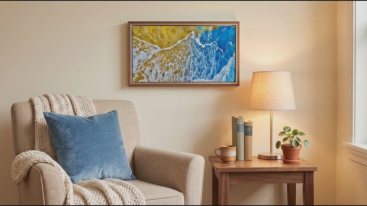 Blue Gold Abstract Ocean Wall Art – Textured Coastal Print (16:9) | Printable Digital Download