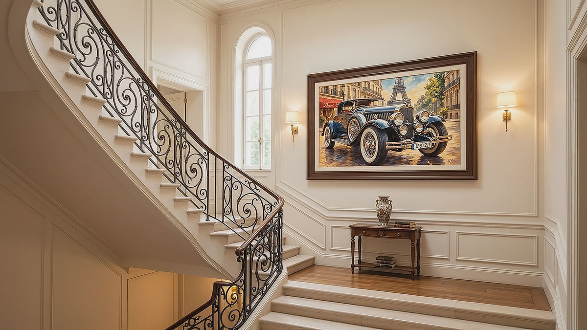 Vintage European Car Wall Art/Post-Impressionist Automobile Painting,