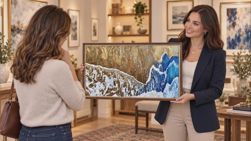 Blue Gold Abstract Ocean Wall Art – Textured Coastal Print (16:9) | Printable Digital Download