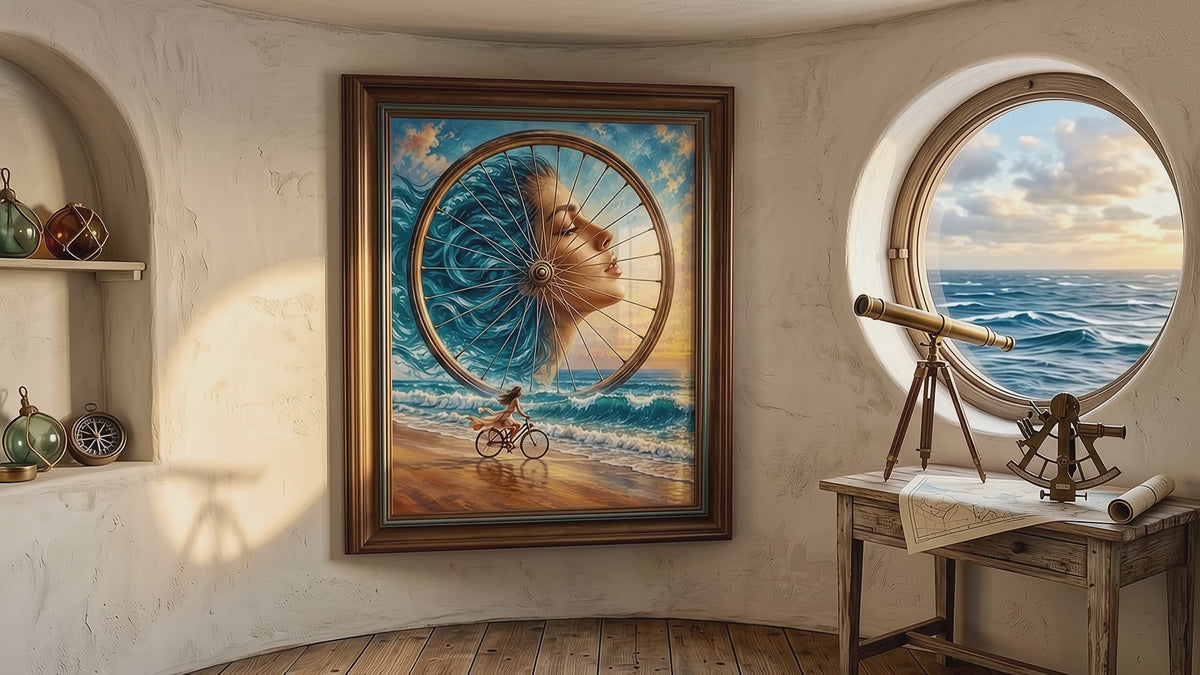 Surreal Coastal Portrait Wall Art – Beauty and Emotion Framed by Bicycle Wheels, Set of 4 Digital Downloads