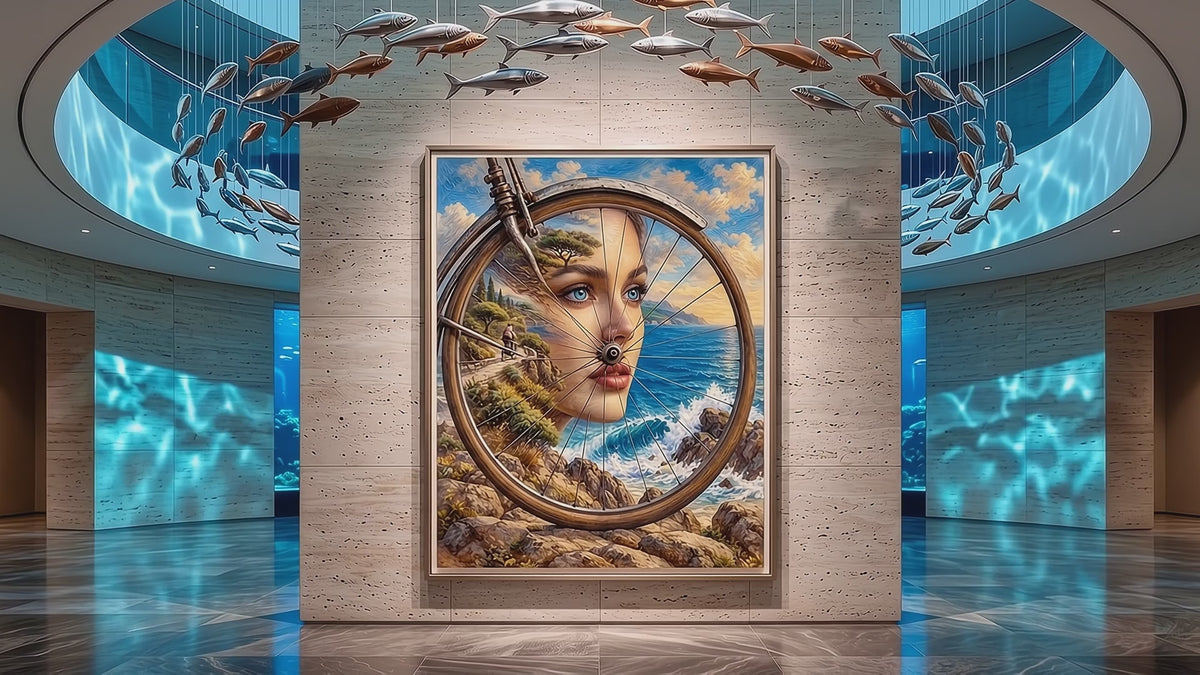 Surreal Coastal Portrait Wall Art – Beauty and Emotion Framed by Bicycle Wheels, Set of 4 Digital Downloads